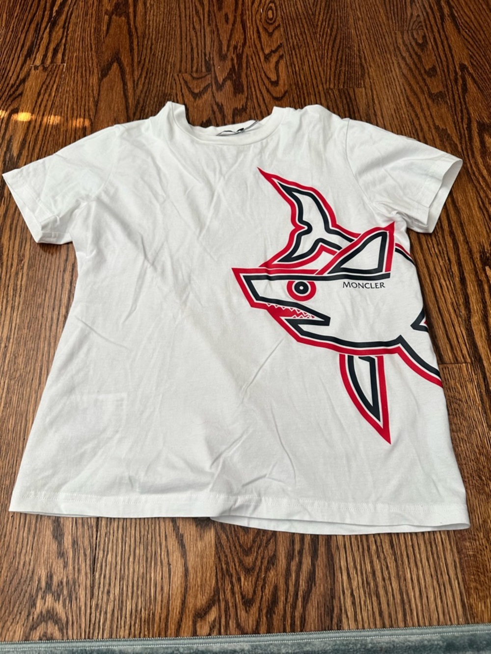 Moncler White Tee with Red and Black Shark Graphic